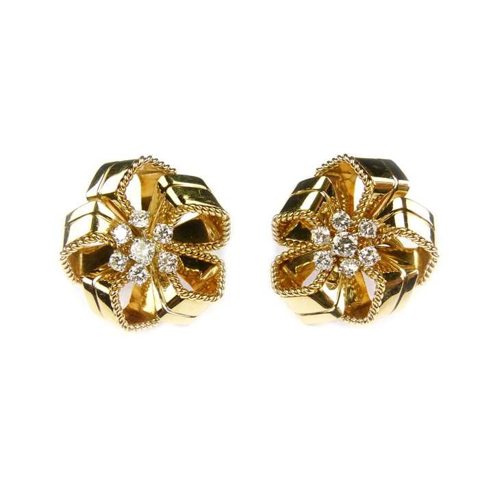 Pair of mid-20th century gold and diamond stylised rosette earrings